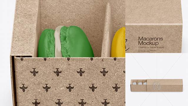 9838+ Opened Kraft Paper Box With Macarons PSD Mockup High-Angle Shot PSD Download