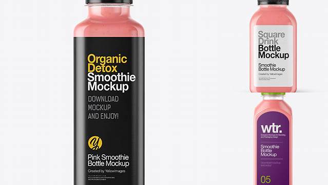 986+ Square Strawberry Smoothie Bottle PSD Mockup Front View Download Free Editable PSD Template