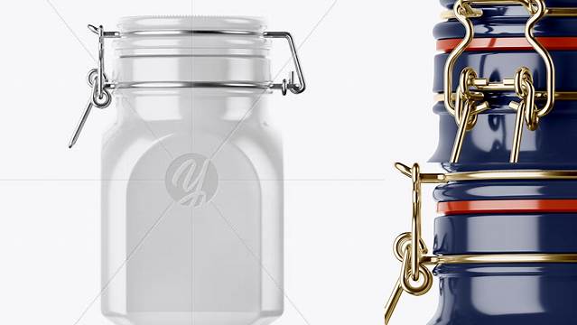 9882+ 900ml Glossy Ceramic Jam Jar with Clamp Lid PSD Mockup Smart Object PSD Template