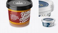 9897+ Glossy Plastic Container With Sauce PSD Mockup High-Angle Shot Best for Showcase