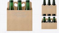 9897+ Kraft Paper 6 Pack Green Glass Bottle Carrier PSD Mockup Halfside View Fully Customizable Photoshop Freebie