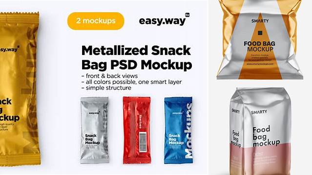 9901+ Metallic Snack Bag PSD Mockup Back View Fully Layered PSD Freebie