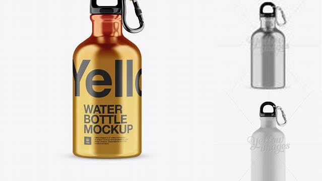 9903+ 330ml Metallic Sport Bottle With Carabiner PSD Mockup Front View Creative Design PSD Free Download