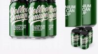 9908+ Pack with 4 Glossy Aluminium Cans with Plastic Holder PSD Mockup Half Side View Free PSD for Creatives