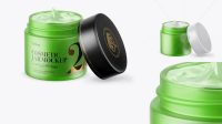 9945+ Opened Green Frosted Cream Jar PSD Mockup High-Angle Shot Modern Photoshop Resource