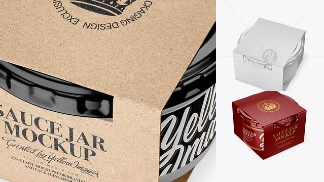 9952+ Clear Glass Sauce Jar in Paperboard Sleeve PSD Mockup Half Side View High-Angle Shot Download Free PSD