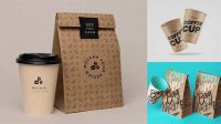 9958+ Matte Bag with Kraft Coffee Cup PSD Mockup Front View Advanced Editable PSD