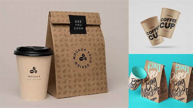 9958+ Matte Bag with Kraft Coffee Cup PSD Mockup Front View Advanced Editable PSD