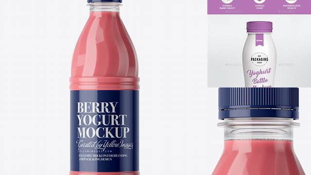 9973+ Glossy Plastic Bottle with Berry Yoghurt PSD Mockup Fully Customizable Photoshop Freebie