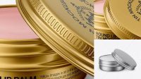 9996+ Opened Metallic Lip Balm Tin PSD Mockup Front View High-Angle Shot High-End Layered Mockup Free